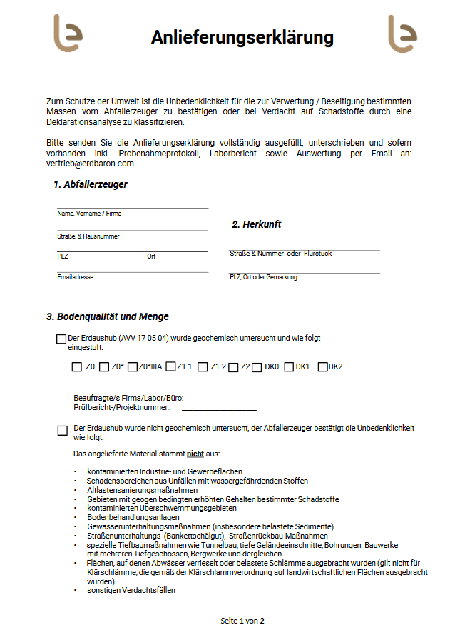 Anlieferungserklärung mineralische Abfälle
