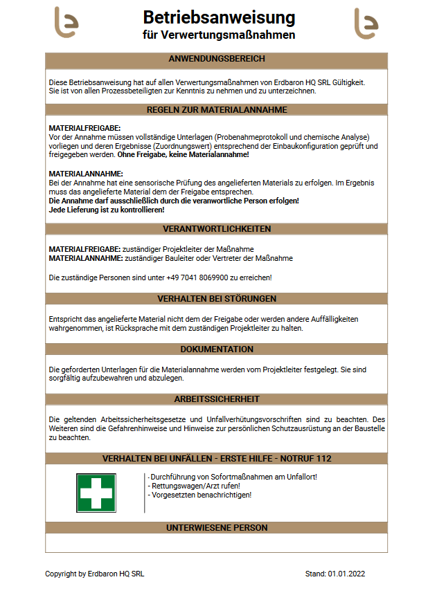 Betriebsanweisung Verwertungsmaßnahme